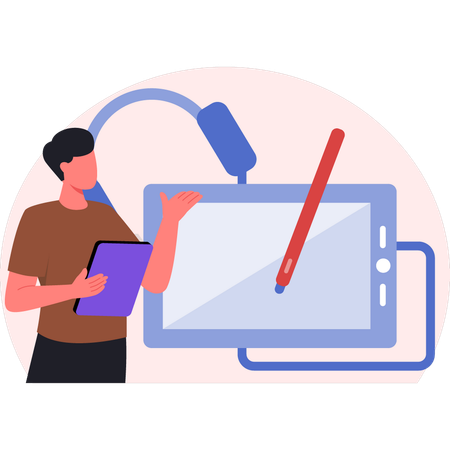 Garçon pointant un stylo mobile d'apprentissage  Illustration