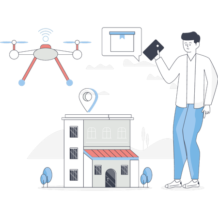 Un garçon pointe la technologie des drones  Illustration