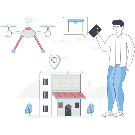 Un garçon pointe la technologie des drones  Illustration