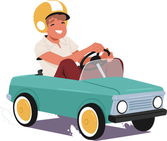 Un garçon portant un casque conduit une voiture à pédales classique  Illustration