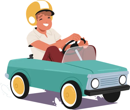 Un garçon portant un casque conduit une voiture à pédales classique  Illustration