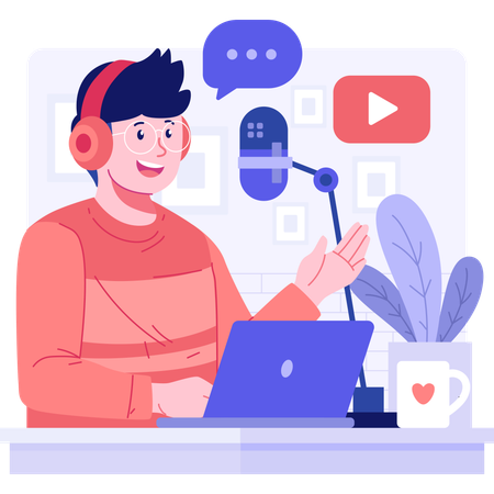 Garçon portant un casque et enregistrant un podcast  Illustration