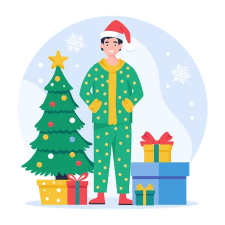 Garçon portant un costume de Noël pour célébrer Noël  Illustration