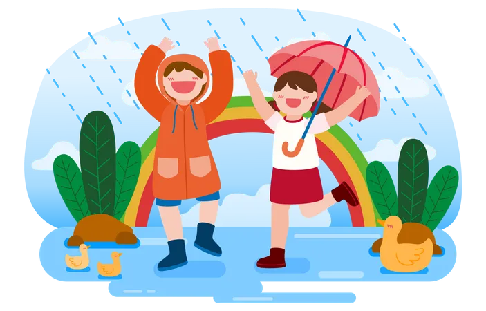 Garcon Portant Un Impermeable Et Une Jolie Fille Tenant Un Parapluie Ils Aiment Jouer Avec La Pluie Pendant La Saison Des Pluies En Illustration Vectorielle Plate De Style Personnage De Dessin Anime Illustration