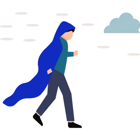 Garçon portant un imperméable et marchant sous la pluie  Illustration
