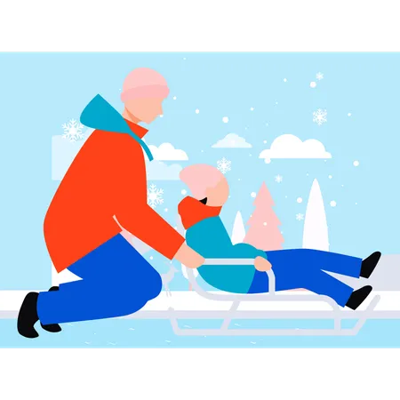 Le garçon porte un enfant sur un traîneau  Illustration