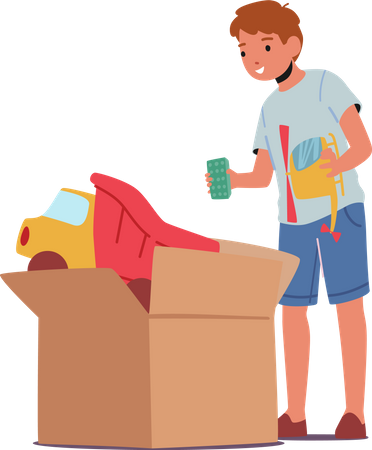 Garçon prenant des jouets dans une grande boîte en carton  Illustration