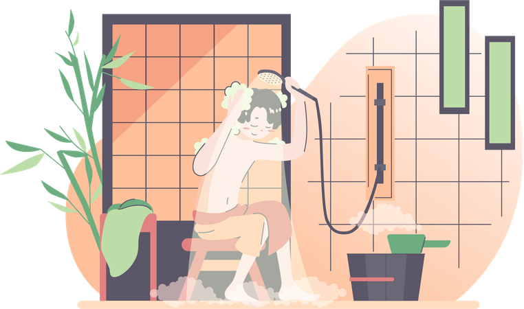 Garçon prenant une douche dans la salle de bain  Illustration