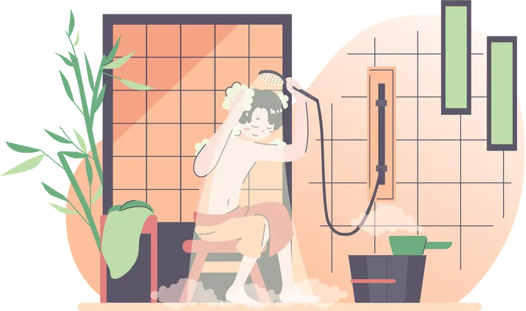 Garçon prenant une douche dans la salle de bain  Illustration