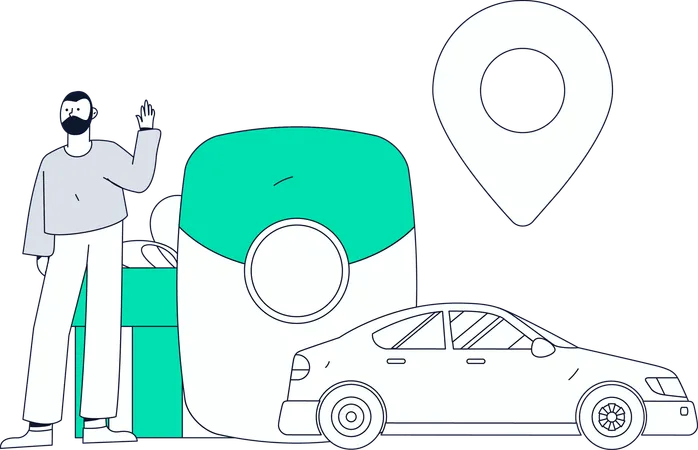 Un garçon prend un service de taxi en ligne  Illustration