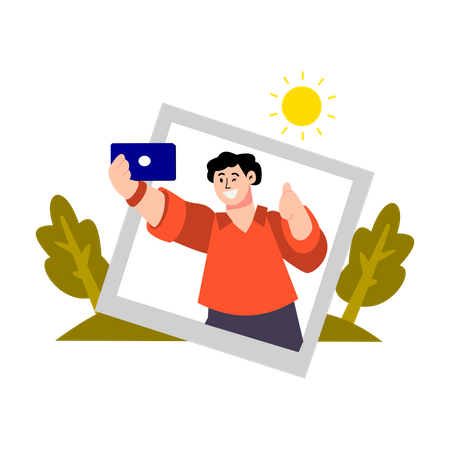 Un garçon prend un selfie pendant les vacances  Illustration