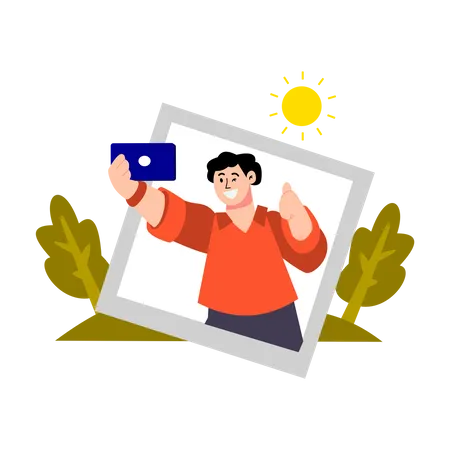 Un garçon prend un selfie pendant les vacances  Illustration