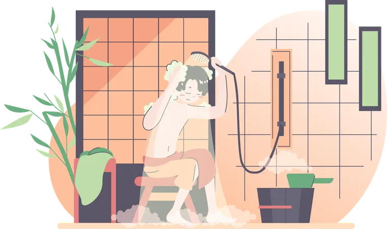 Le garçon prend une douche dans la salle de bain  Illustration