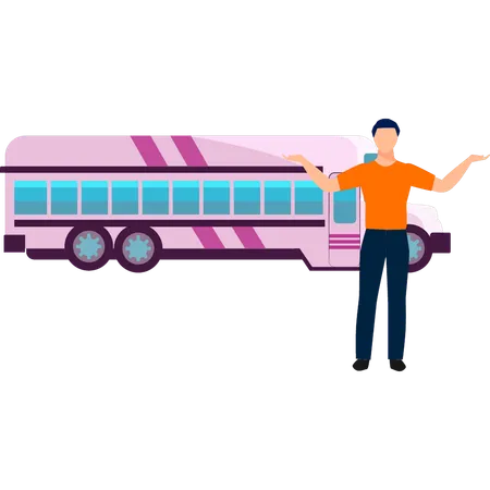 Garçon présentant un bus pour voyager  Illustration