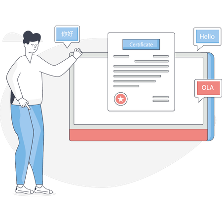 Garçon présentant un certificat de langue étrangère  Illustration