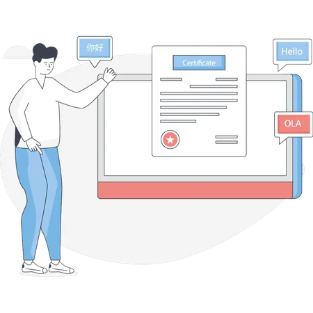 Garçon présentant un certificat de langue étrangère  Illustration