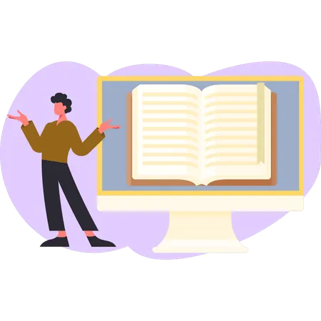 Garçon présentant un livre de lecture en ligne  Illustration