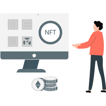 Un garçon présente une pièce NFT sur un moniteur  Illustration