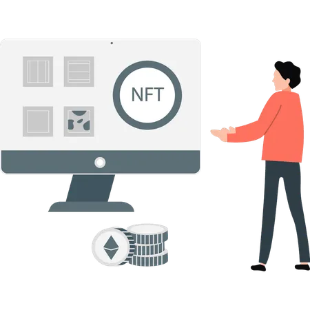 Un garçon présente une pièce NFT sur un moniteur  Illustration