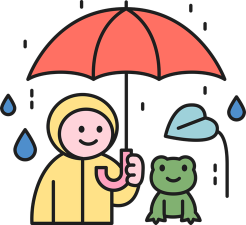 Garçon profitant de la pluie tout en tenant un parapluie  Illustration