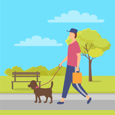 Garçon marchant avec un chien dans le parc  Illustration