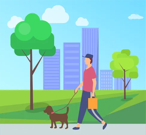 Garçon marchant avec un chien dans le parc  Illustration