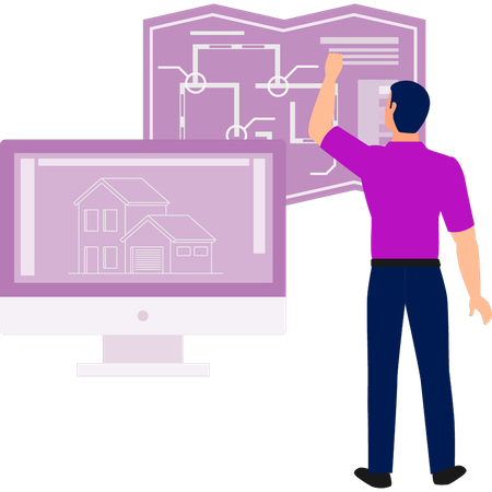 Un garçon parle du plan de construction d'une maison sur un moniteur  Illustration