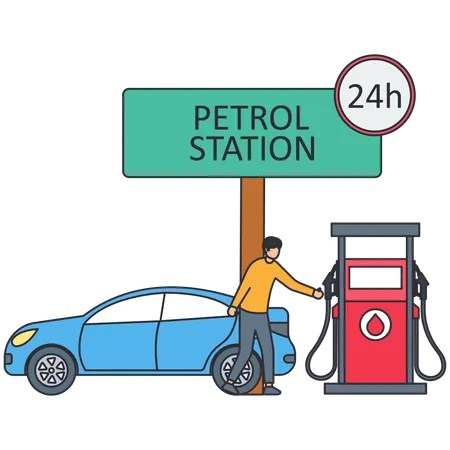 Garçon faisant le plein de carburant dans une voiture  Illustration