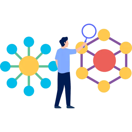 Garçon recherchant la structure des molécules avec magifyglass  Illustration