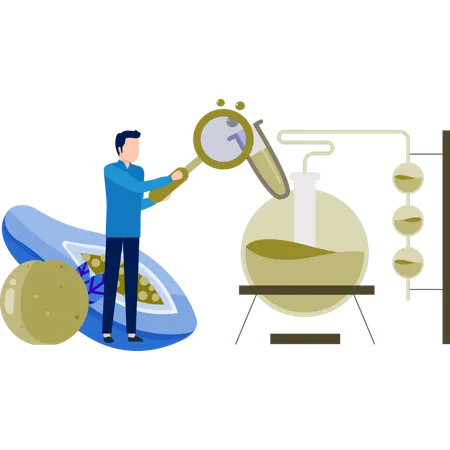 Garçon effectuant des recherches sur une molécule chimique  Illustration