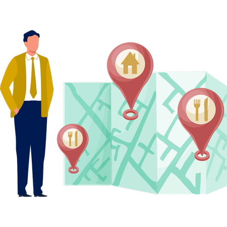 Garçon recherchant des emplacements à partir d'une carte  Illustration