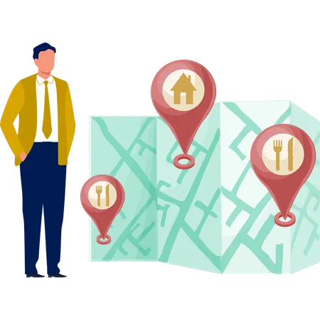 Garçon recherchant des emplacements à partir d'une carte  Illustration