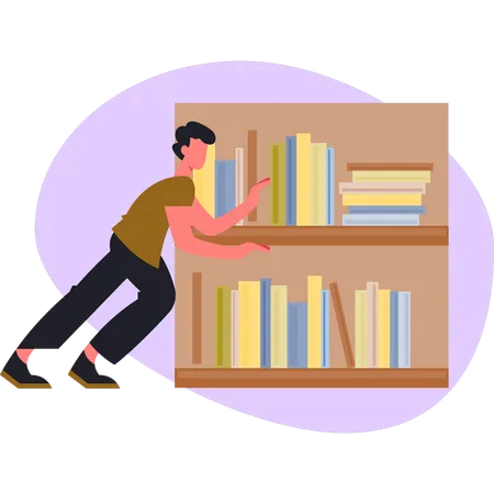 Un garçon cherche des livres dans la bibliothèque  Illustration