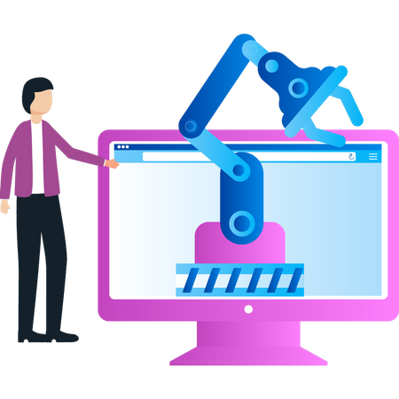 Garçon regardant une machine d'automatisation en ligne  Illustration