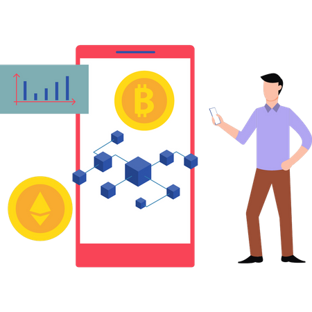 Garçon regardant la blockchain Bitcoin  Illustration