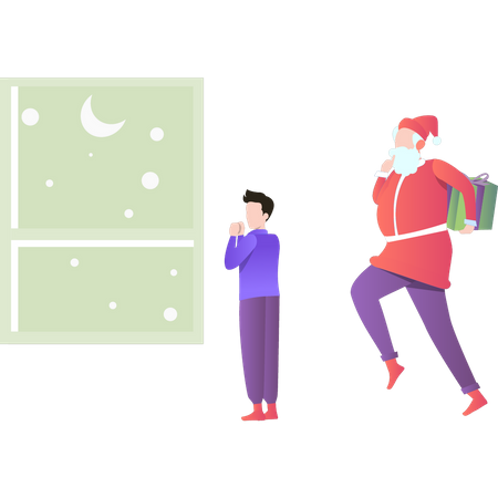 Garçon regardant par la fenêtre et souhaitant le Père Noël  Illustration