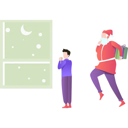 Garçon regardant par la fenêtre et souhaitant le Père Noël  Illustration