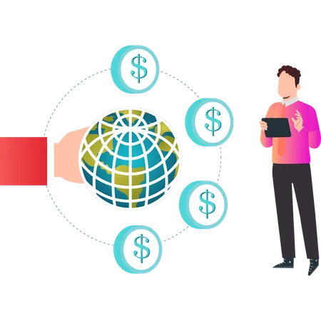 Garçon regardant la finance mondiale  Illustration