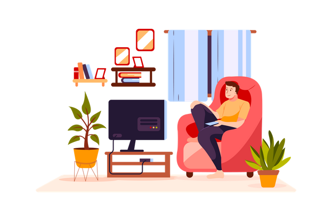 Garçon regardant la télévision dans la maison  Illustration