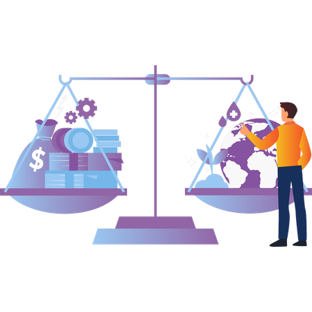 Garçon regardant l'argent et l'échelle du monde  Illustration