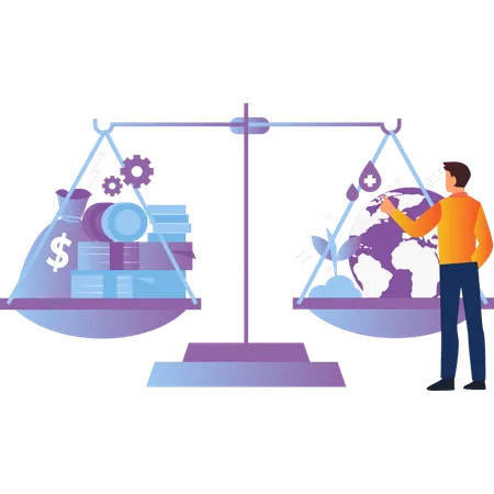 Garçon regardant l'argent et l'échelle du monde  Illustration