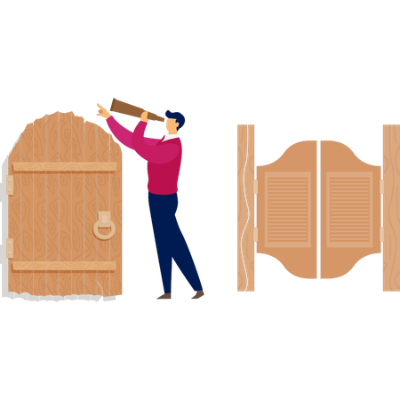 Garçon regardant par la fenêtre avec une longue-vue  Illustration