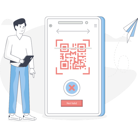 Le garçon regarde le code QR non invalide  Illustration