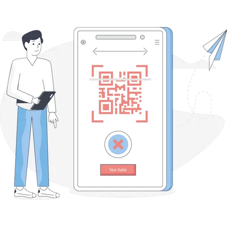 Le garçon regarde le code QR non invalide  Illustration