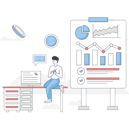 Un garçon regarde un compte financier  Illustration