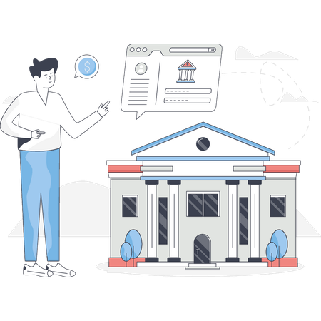 Un garçon consulte un site de banque en ligne  Illustration