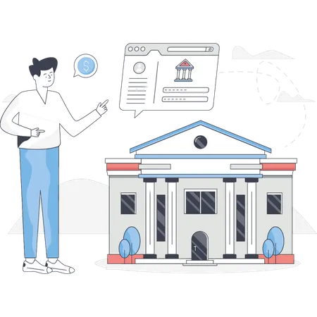 Un garçon consulte un site de banque en ligne  Illustration