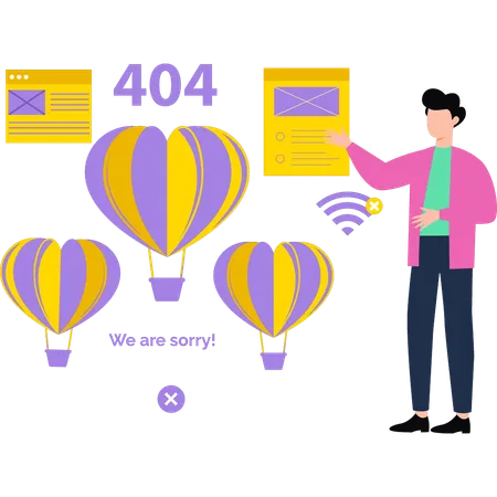 Un garçon regarde un parachute d'erreur 404  Illustration