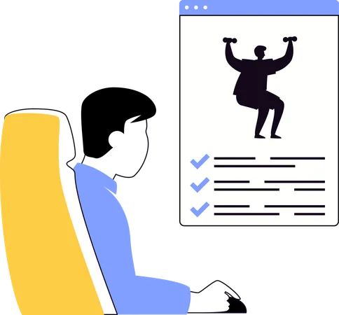 Garçon regardant une vidéo de tutoriel de gym en ligne  Illustration