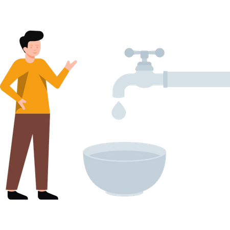 Garçon remplissant un bol avec de l'eau du robinet  Illustration